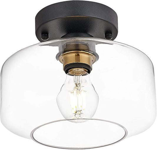 BISAMIYA Modern Semi Flush Mount Ceiling Light - Matte Black with Brass Accent & 8.66” Clear Glass Shade - for Kitchen, Dining Room, Hallway & Entryway