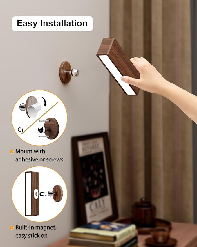 YiLaie Rechargeable Wall Lights for Bedroom,Battery Operated Wall Sconce with Remote Control, Wireless Wall Mount Lamp with 3 Color Temperature for Bedroom,Wood Wall Lights Dimmable,Bedside Reading