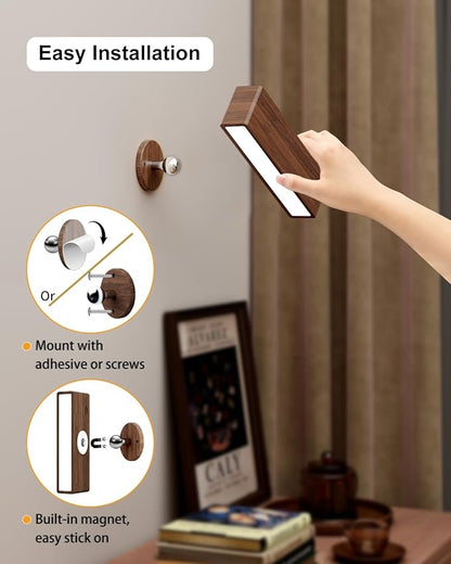 YiLaie Rechargeable Wall Lights for Bedroom,Battery Operated Wall Sconce with Remote Control, Wireless Wall Mount Lamp with 3 Color Temperature for Bedroom,Wood Wall Lights Dimmable,Bedside Reading