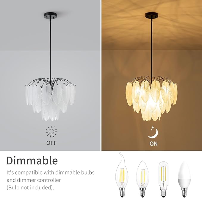 LumFurn 6-Light Glass Chandeliers, Modern 3-Tier Pendant Light Fixture for Dining Room, Living Room, D17.7 x H19~51 Inch Adjustable Height, Frosted Feather-Shaped Glass Shade & Black Finish Frame
