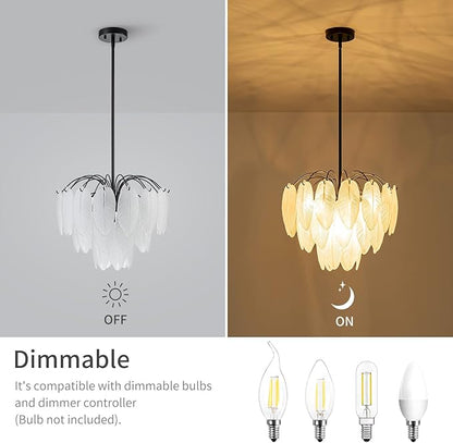 LumFurn 6-Light Glass Chandeliers, Modern 3-Tier Pendant Light Fixture for Dining Room, Living Room, D17.7 x H19~51 Inch Adjustable Height, Frosted Feather-Shaped Glass Shade & Black Finish Frame