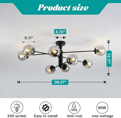 hesoge Modern Sputnik Ceiling Lights Black Semi Flush Mount Ceiling Fixture with Glass Globes 8 Light Large Chandelier for Dining Room Bedroom Living Room Kitchen Farmhouse.