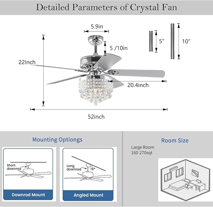 52Inch Crystal Ceiling Fan with Lights, 5 Wood Blades and Gorgeous Light Fixture, Modern Fandelier Ceiling Fan with Noiseless Motor, Chandelier Fan with Remote for Bedroom,Living Room