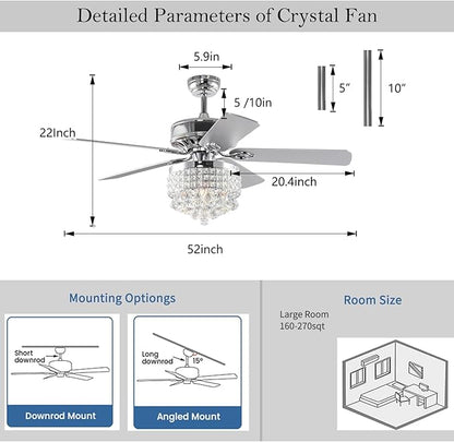 52Inch Crystal Ceiling Fan with Lights, 5 Wood Blades and Gorgeous Light Fixture, Modern Fandelier Ceiling Fan with Noiseless Motor, Chandelier Fan with Remote for Bedroom,Living Room