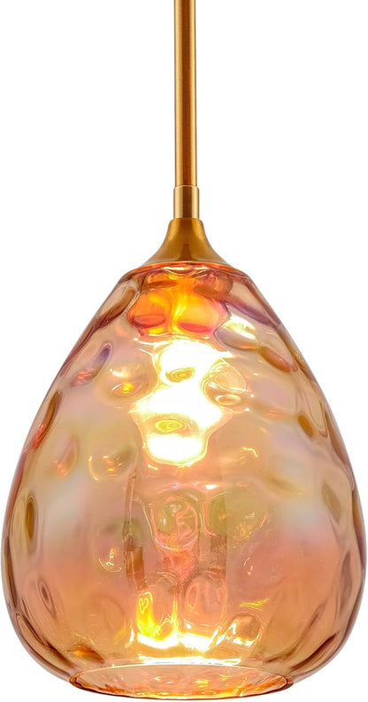 Colorful Amber Hammered Glass Pendant Light with Brass Gold Accent, Adjustable Hanging Lamp for Kitchen, Dining Room, and Living Room