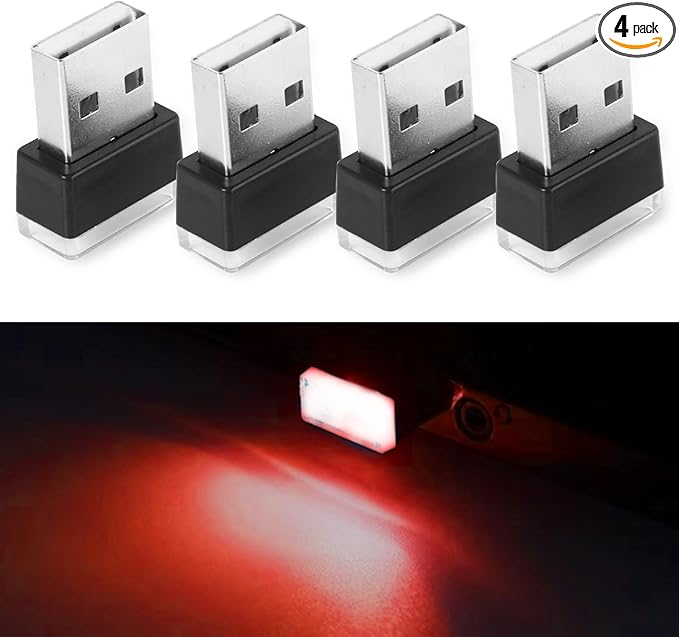 NTNEV 4PCS USB LED Car Interior Atmosphere Lamp, Mini Led USB Lights for Car Decoration, Ambient Lighting Kit, Plug-in USB Interface, Universal Car Interior Accessories (Red)