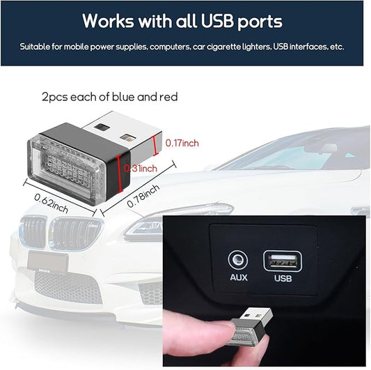 Dickno 4 PCS USB LED Car Interior Atmosphere Lamp, Portable Mini LED Night Light, Plug-in USB Interface Trunk Ambient Lighting Kit, Universal Vehicle Interior Accessories (Blue+Red)