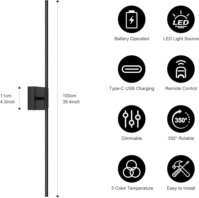 Battery Operated Wall Sconce, 5CCT Dimmable Black Wall Lights with Remote Control, Timable LED Wireless Wall Sconces, 350° Ratate for Bathroom, Living Room, Hallway 39.4 Inch 1 Pack