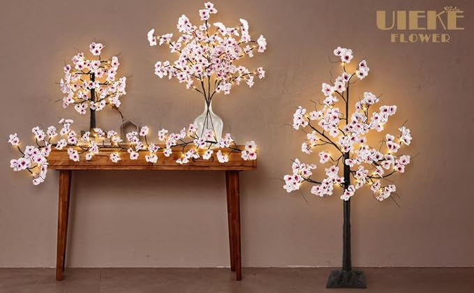 Uieke Lighted Cherry Blossom Garland with Timer 48 LED Fairy Lights 6FT for Mantle, Artificial Flower Vines with Lights 8 Modes Battery Operated Home Fireplace Wedding Party Room Decor