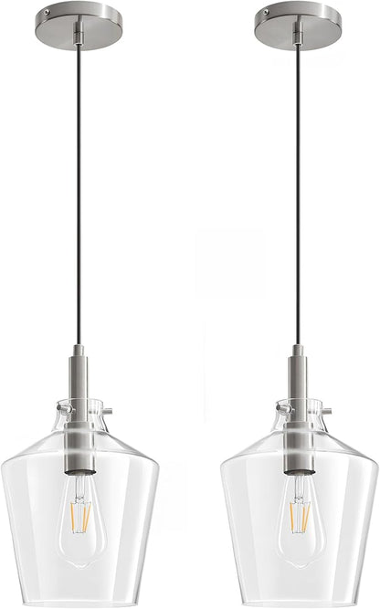 Modern Glass Pendant Light for Kitchen Island 2 Pack, Farmhouse Nickel Pendant Light Fixtures, Adjustable Hanging Ceiling Light Angled Clear Glass Shades 8 Inch