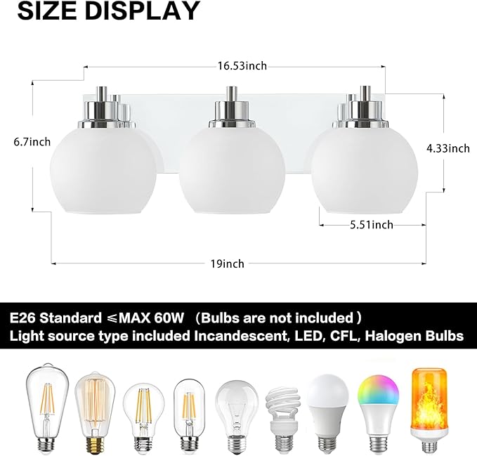 Tuscarora Chrome Vanity Light - 3 Light Bathroom Vanity Light with Milk Glass Shade, Over Mirror Lighting Fixture