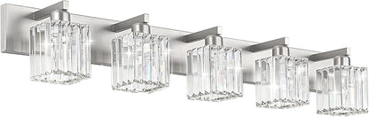 Aipsun Brushed Nickel Bathroom Lighting Fixtures 5 Light Vanity Light Crystal Modern Bathroom Vanity Light (Exclude Bulb)