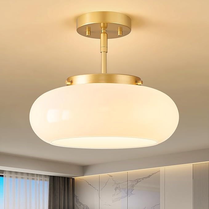 WOKNOS Mid-Century Modern Gold Semi Flush Mount Ceiling Light, 3-Light Kitchen Light Fixtures with Glass Shade for Entryway Hallway Bathroom Bedroom (12.6 Inch)