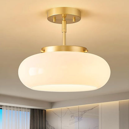 WOKNOS Mid-Century Modern Gold Semi Flush Mount Ceiling Light, 3-Light Kitchen Light Fixtures with Glass Shade for Entryway Hallway Bathroom Bedroom (12.6 Inch)
