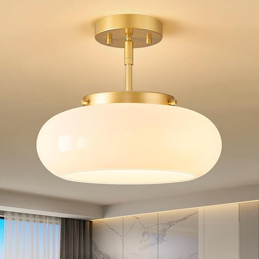 WOKNOS Mid-Century Modern Gold Semi Flush Mount Ceiling Light, 3-Light Kitchen Light Fixtures with Glass Shade for Entryway Hallway Bathroom Bedroom (12.6 Inch)