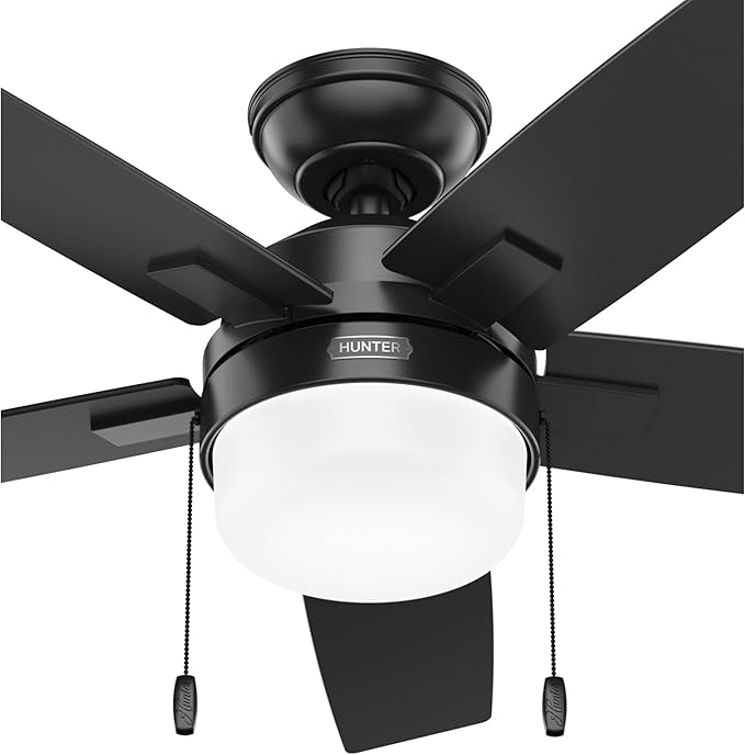 Hunter 44 inch Indoor Ceiling Fan with LED Light - Black Ceiling Fan with Pull Chain, For Bedroom or Living Room, Standard Mount, No Remote, 5 Blades, Includes Bulbs - Anisten 52486, Matte Black