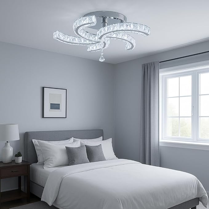 Finktonglan 19.7" Crystal Semi Flush Mount Ceiling Light, 5-Light LED Modern Chandelier, K9 Crystal & Acrylic, 25W, 6500K Cool White, Bedroom Living Room Dining Room Ceiling Lighting Fixture