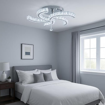 Finktonglan 19.7" Crystal Semi Flush Mount Ceiling Light, 5-Light LED Modern Chandelier, K9 Crystal & Acrylic, 25W, 6500K Cool White, Bedroom Living Room Dining Room Ceiling Lighting Fixture