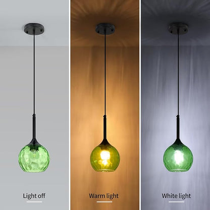 Glass Pendant Lights Kitchen Island: 5.91'' 1-Light Green Hammered Glass Pendant Light with Black Finish - Modern Minimalist Hanging Light Fixture for Kitchen Sink Dining Room - E26 Base