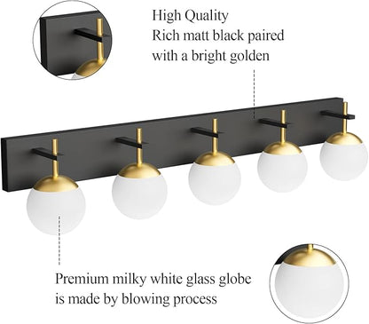Ralbay Mid Century Modern Vanity Lights - 5-Light Milky Glass Globe Modern Bathroom Vanity Lights Over Long Mirror, Black/Golden Bathroom Wall Light Fixture