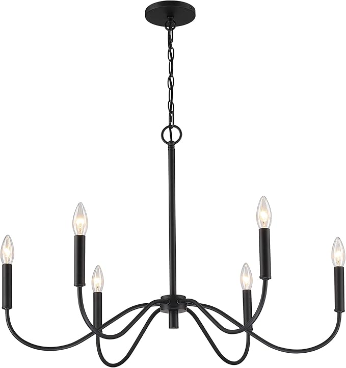 Farmhouse Black Chandelier Rustic Candle 6-Light Pendant Light 30 Inches Adjustable Height Ceiling Light Fixture for Living Room Kitchen Island Dining Room Bedroom Foyer