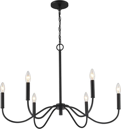 Farmhouse Black Chandelier Rustic Candle 6-Light Pendant Light 30 Inches Adjustable Height Ceiling Light Fixture for Living Room Kitchen Island Dining Room Bedroom Foyer