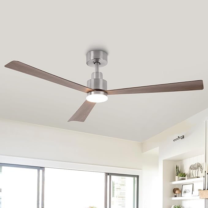 52" Nickel Ceiling Fan with Light and Remote, Modern 3-Blade DC Motor Ceiling Fan, Quiet Reversible Airflow, 6-Speed LED, Use for Bedroom Living Room Kitchen Indoor Use