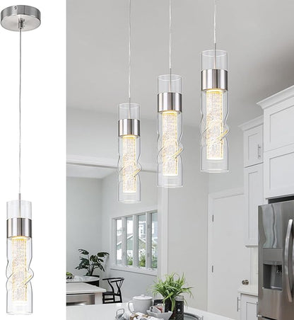 WILON Pendant Lights Kitchen Island, 24W Modern Kitchen Island Lights Brushed Nickel, Ceiling Lighting Fixtures with Crystal Bubble, Integrated LED Hanging Light for Dining Room Restaurant(3 Pack)