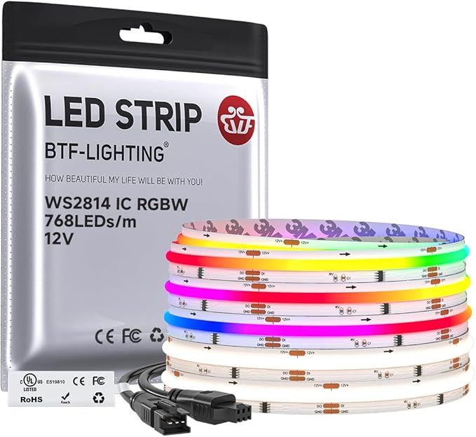 BTF-LIGHTING FCOB COB LED Strip Light, WS2814 Smart IC RGBW 4000K Color Chasing Light, UL Listed DC12V 16.4FT 784LEDs/m High Density 10mm Width for Home Party DIY Decor(No Adapter or Controller)