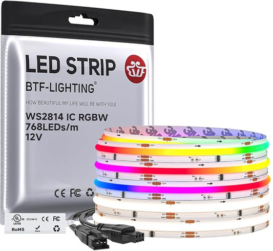 BTF-LIGHTING FCOB COB LED Strip Light, WS2814 Smart IC RGBW 4000K Color Chasing Light, UL Listed DC12V 16.4FT 784LEDs/m High Density 10mm Width for Home Party DIY Decor(No Adapter or Controller)