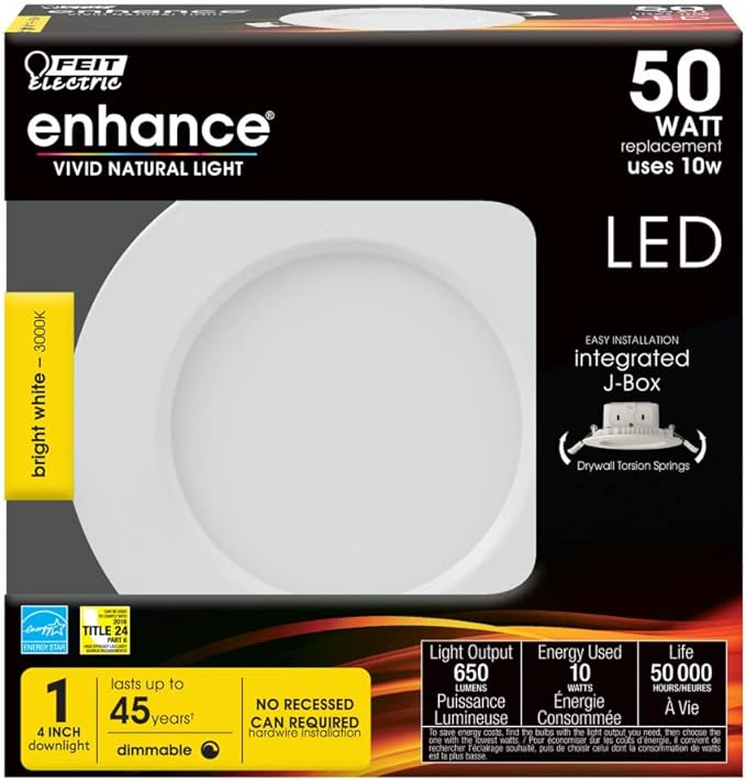 Feit Electric 4 inch Integrated J-Box LED Recessed Downlight - 3000K Bright White - Dimmable - 50W Equivalent - 45 Year Life - 650 Lumen