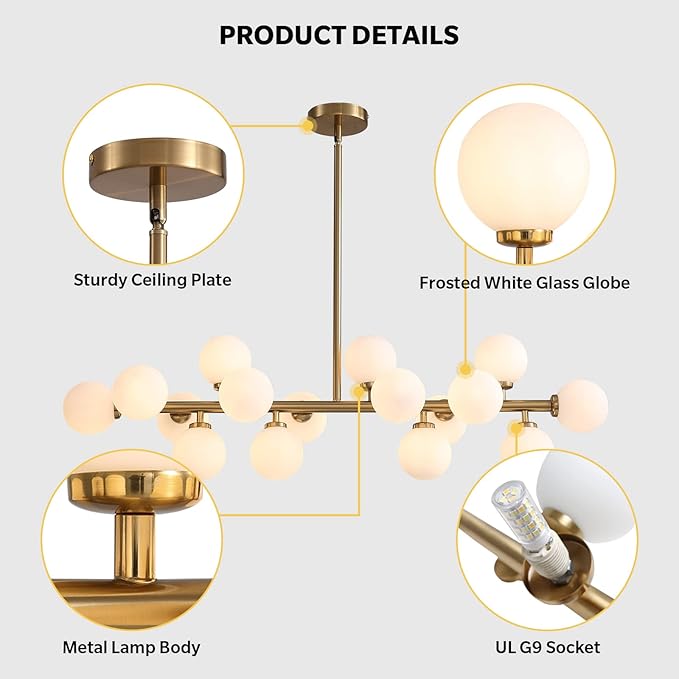 Gold Dining Room Chandelier Over Table Mid Century Modern Chandelier White Glass Globe Lampshade Linear Pendant Lighting Fixture for Living Room Dining Table 16 Lights