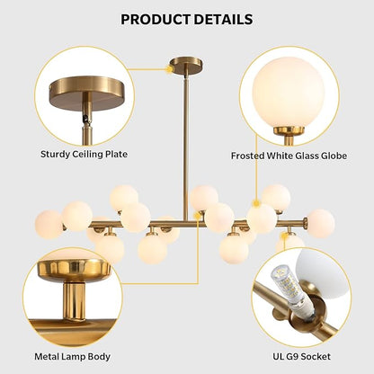 Gold Dining Room Chandelier Over Table Mid Century Modern Chandelier White Glass Globe Lampshade Linear Pendant Lighting Fixture for Living Room Dining Table 16 Lights