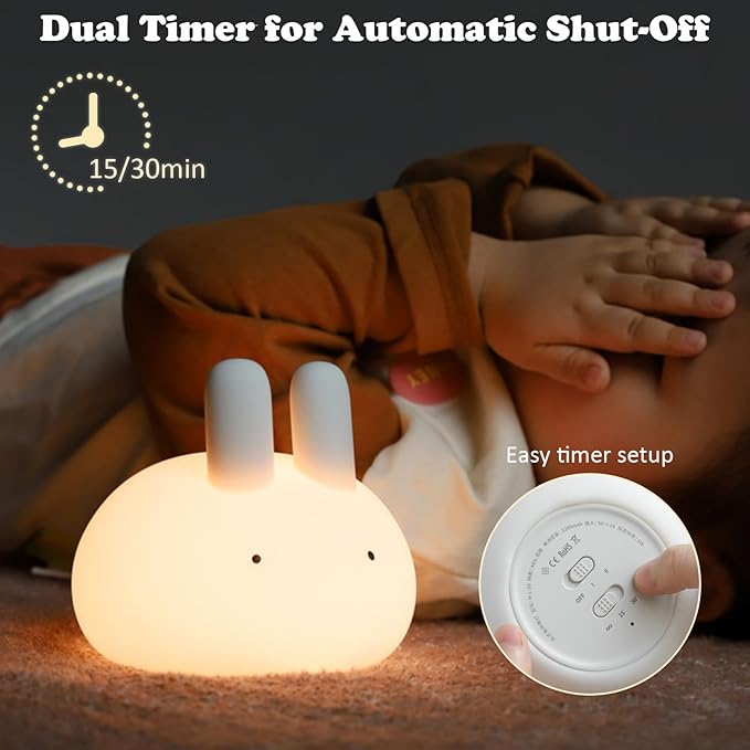 Minimalist Bunny Night Light for Kids, Cute Rabbit Dimmable Nightlight, Tap Control Silicone Bedside Lamp with 15/30min Timer, LED Rechargeable Animal Lamp for Toddler Boys Girls Nursery Decor (Bunny)