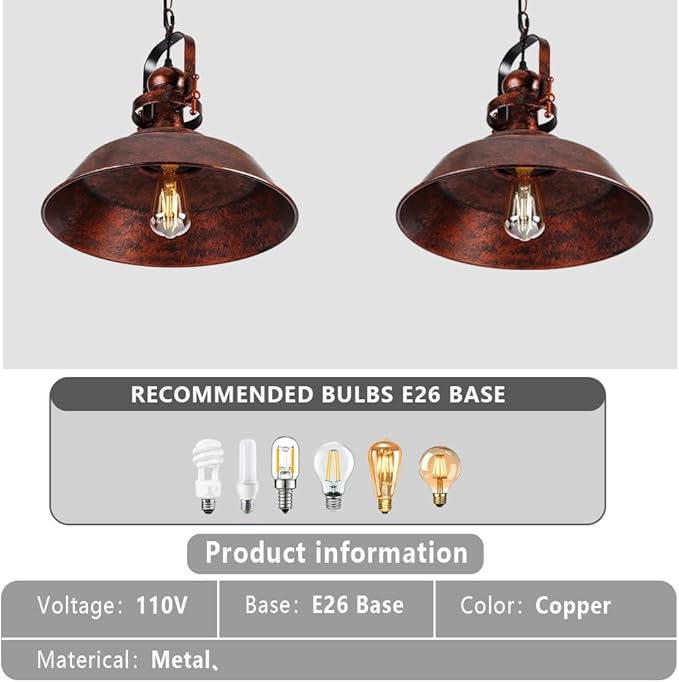 14" Copper Pendant Light, Farmhouse Industrial Vintage Hanging Light Fixture for Kitchen Island, Dining Room, Barn, Bar, Antique Red Bronze Finish