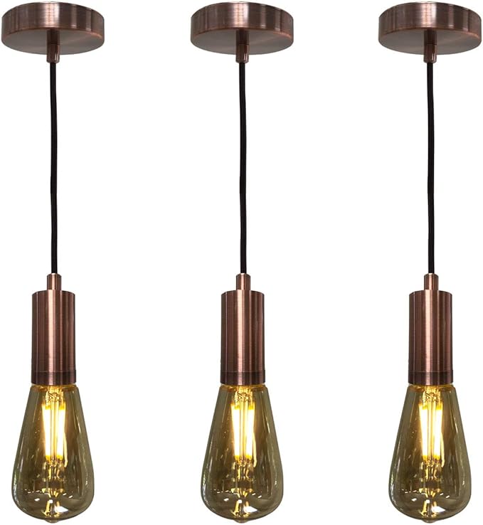 Royal Designs, Inc. Hanging Pendant Lighting, Keyless Cylinder-Shaped Pendant Light Socket and Canopy, Antique Copper with Brown Rayon Fabric Cord