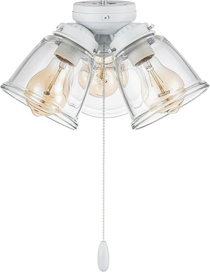 Aspen Creative 22013-1, Three-Light Ceiling Fan Light Kit with Pull Chain, Matte White Finish with Clear Glass Shades, 13-1/8" Diameter x 6-3/4" Height