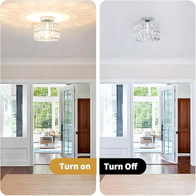 Lxybcce Crystal Ceiling Light Fixture, Modern Chrome Crystal Chandelier, Small Semi Flush Mount Ceiling Lighting, Round Hallway Lighting for Kitchen Entryway Bedroom Bathroom, 1-Light, 8.8 Inch