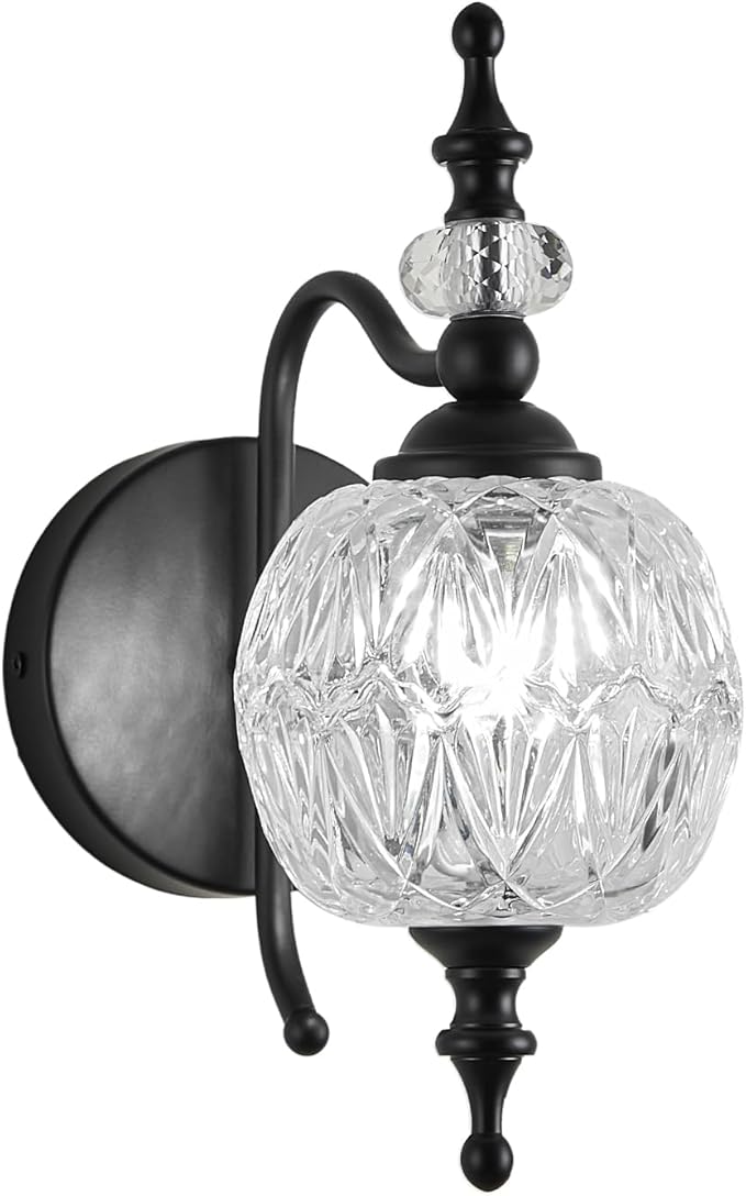 Black 1-Light Wall Light Fixtures with Crystal Glass Shade Vintage Bathroom Wall Sconces Retro Bathroom Vanity Light Fixtures for Bedroom Living Room Farmhouse