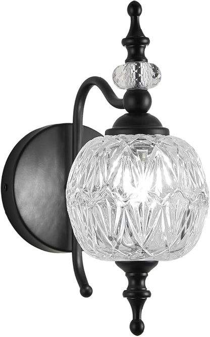 Black 1-Light Wall Light Fixtures with Crystal Glass Shade Vintage Bathroom Wall Sconces Retro Bathroom Vanity Light Fixtures for Bedroom Living Room Farmhouse