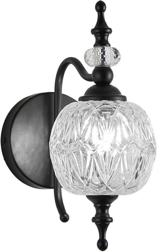 Black 1-Light Wall Light Fixtures with Crystal Glass Shade Vintage Bathroom Wall Sconces Retro Bathroom Vanity Light Fixtures for Bedroom Living Room Farmhouse