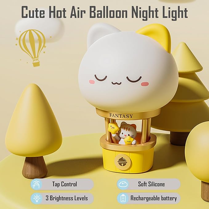 Hot Air Balloon Rechargeable Night Light, Safe Soft Silicone Material, 3 Brightness Levels, Tap Control, Warm Light, Toddler Sleeping Lamp, Bedroom Night Lamp, Gift for Baby and Kid (Cat)