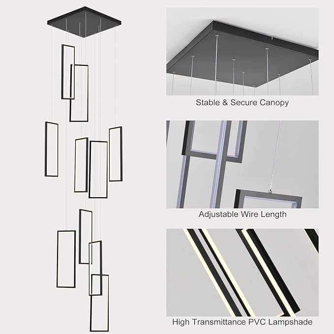 GEADI Modern Foyer Chandelier for High Ceilings,10 Rectangle Dimmable Led High Ceiling Chandelier with Remote Control,Black Large Staircase Pendant Light Fixture for Entryway（3000-6500K）