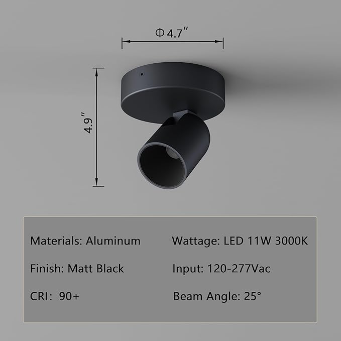 Flush Mount Ceiling Spotlight Dimmable Small Indoor Ceiling Light, Adjustable Directional Spotlight for Pictures Living Room Office Hallway - 3000K 11W 25° Flicker Free (Black)