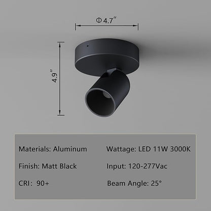 Flush Mount Ceiling Spotlight Dimmable Small Indoor Ceiling Light, Adjustable Directional Spotlight for Pictures Living Room Office Hallway - 3000K 11W 25° Flicker Free (Black)