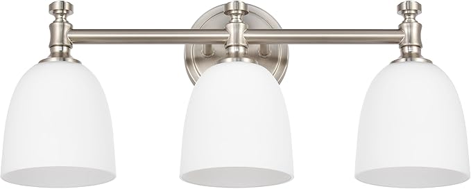 Bathroom Vanity Light, 3-Light Bathroom Light Fixtures Over Mirror, Traditional Vanity Lights for Living Room, Milk White Bell Glass Shades, Standard E26 Base, Brushed Nickel