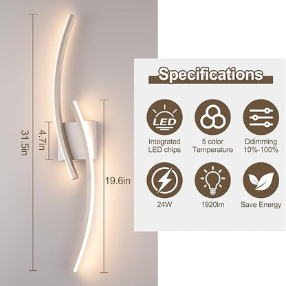 Hardwired 3000~6000K Modern Wall Sconce, 31.5IN Silver LED Wall Light Fixtures Brushed Nickel Wall Lights for Bedroom, Living Room, Hallway and Bedside Wall Lamp
