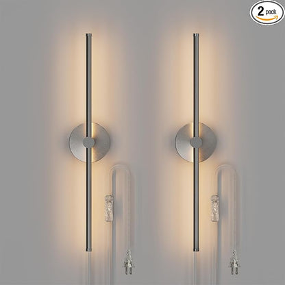 ZAGO 24 Inch Plug in or Hardwired Linear Wall Sconce Set of 2, Modern LED Wall Lights with On/Off Switch, Renter Friendly Plug and Play Option, 5CCT Switchable, Dimmable, Brushed Nickel