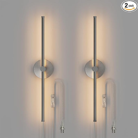 ZAGO 24 Inch Plug in or Hardwired Linear Wall Sconce Set of 2, Modern LED Wall Lights with On/Off Switch, Renter Friendly Plug and Play Option, 5CCT Switchable, Dimmable, Brushed Nickel