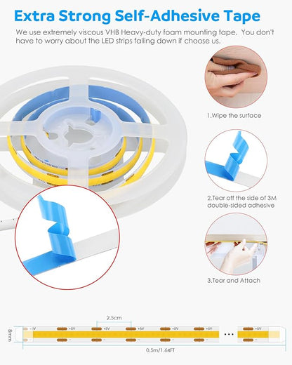 Aclorol USB COB LED Strip 50cm White LED Strip Lights for Bedroom Dimmable Light Strip with Dimmer High Density and Bright for Kitchen Cabinet Display Case Craft Lighting Project 6000K 1.64FT/0.5M